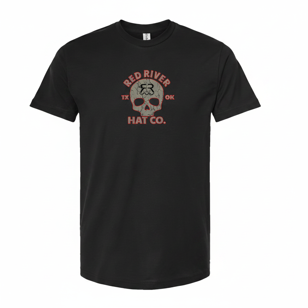 Black t-shirt with Red River Hat Co. Cracked Skull TX OK graphic on the front chest