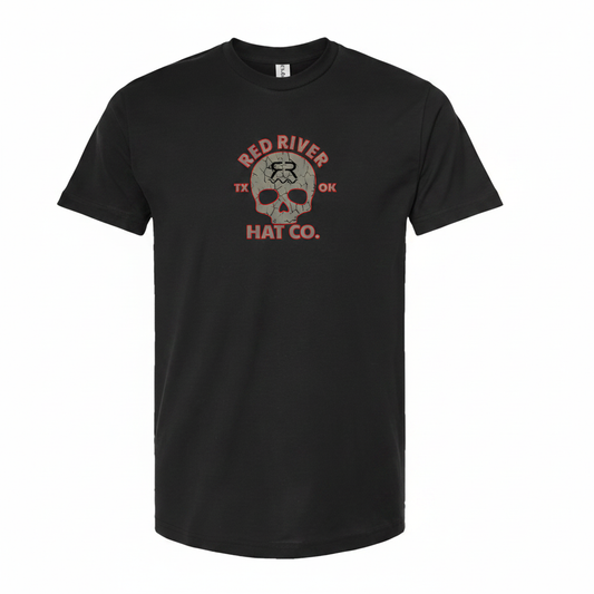 Black t-shirt with Red River Hat Co. Cracked Skull TX OK graphic on the front chest