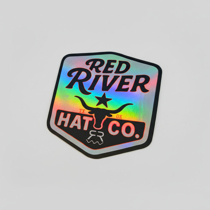 Logo of Red River Hat Co. with a rainbow gradient background