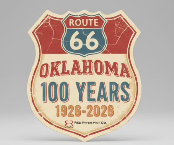 Vintage-style sign celebrating Route 66 in Oklahoma with a 100-year anniversary.