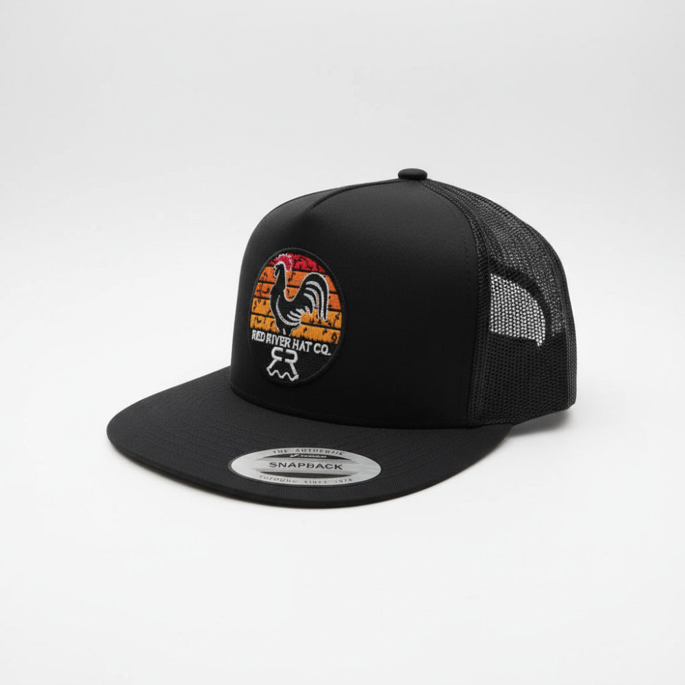"Sunrise" Hat Black on Black. Flat Bill
