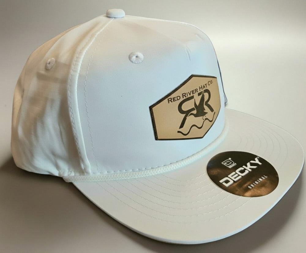 "The Drake" White 5-Panel, leather patch, Flat Bill,Rope Hat