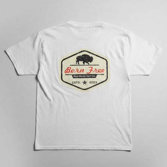 Three short sleeve t-shirts in blue, black, and white colors, laid out flat. Each t-shirt has a 'Born Free' design on the back and a logo on the center chest.