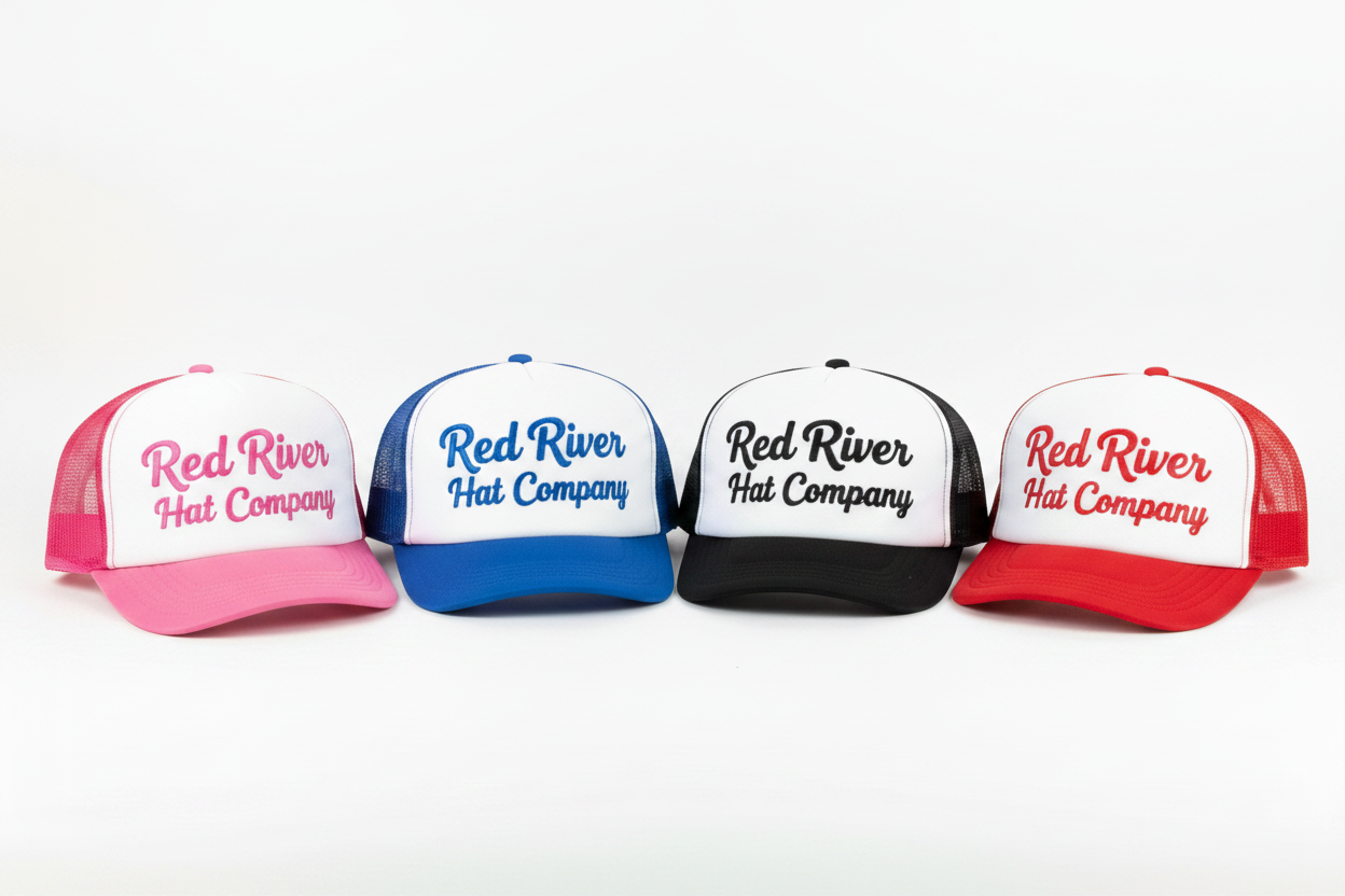 All 4 foam trucker hat colorways - Pink, Royal, Black, Red