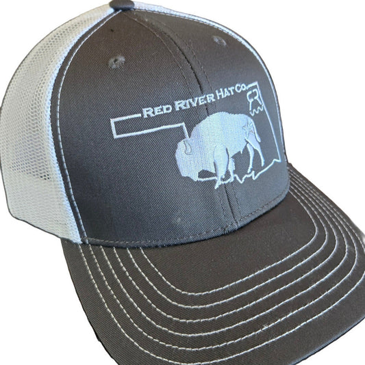 Gray and white cap with Red River Hat Co logo and buffalo design on a white background