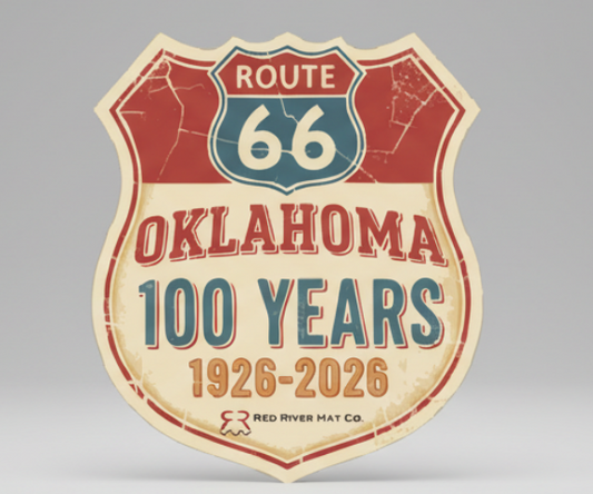 Vintage-style sign celebrating Route 66 in Oklahoma with a 100-year anniversary.
